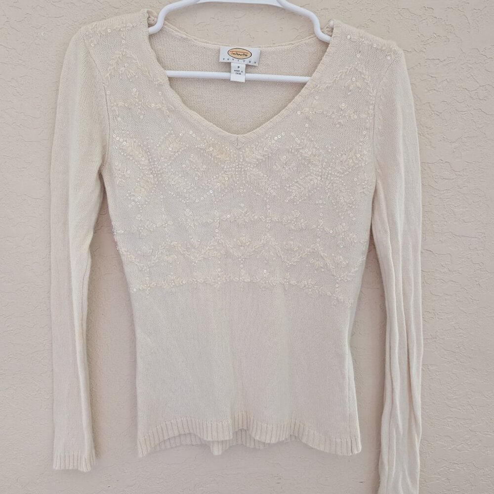 Vintage Talbots Sweater Beaded Wool Cashmere Cotton Knit Winter Snowflake Size P - Picture 2 of 7